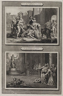 KG 12141
<br/>
Illustraties uit de Bijbel van Martin, Daniel XIII Vs.61 & Daniel XIV Vs.1., De belagers van Suzanna gestenigd & De afgod Bel door Daniel vernietigd.
<br/>
<em>Haelwegh, Adriaen (1637/1639-na 1702)</em>